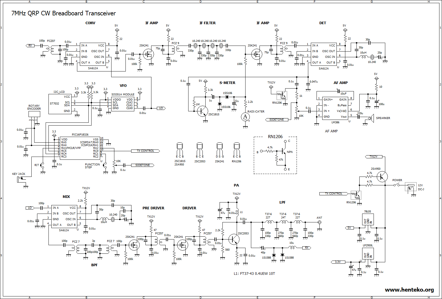 ブレッドボード7MHz-QRP-CWトランシーバー回路図