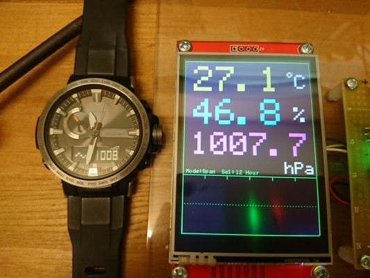 AVRとグラフィックLCDを使った気圧・気温・湿度計と腕時計気圧計の比較