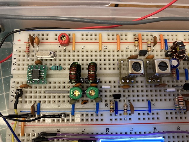 ブレッドボード7MHz-QRP-CWトランシーバー　バンドパスフィルタ