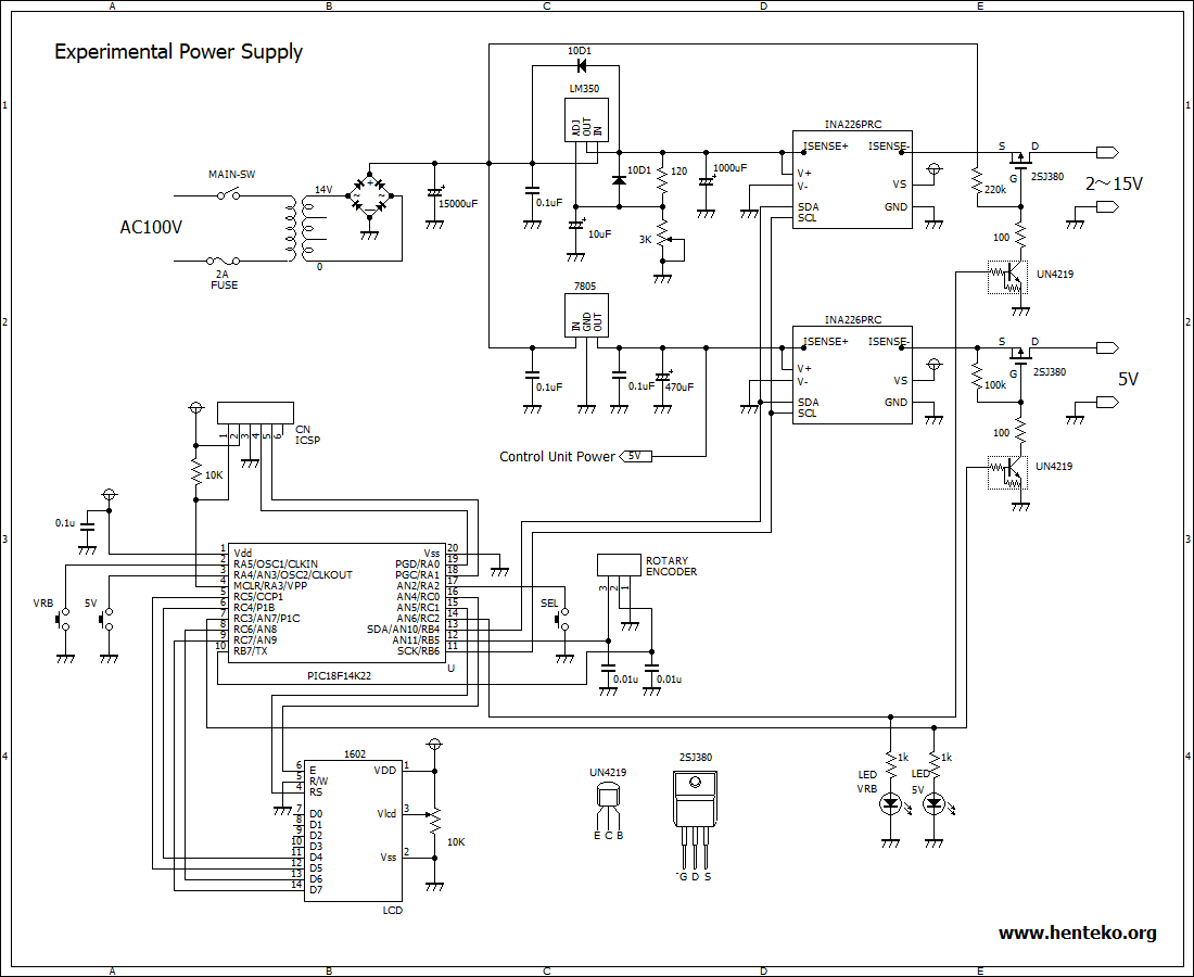 INA226による過電流保護機能付き実験用電源回路図
