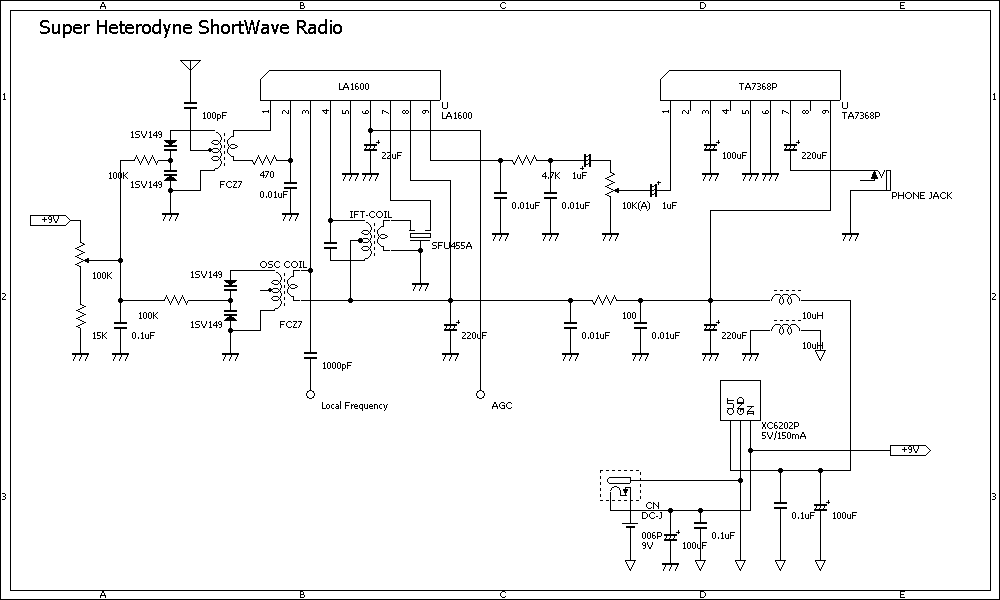 スーパーヘテロダイン短波ラジオ回路図