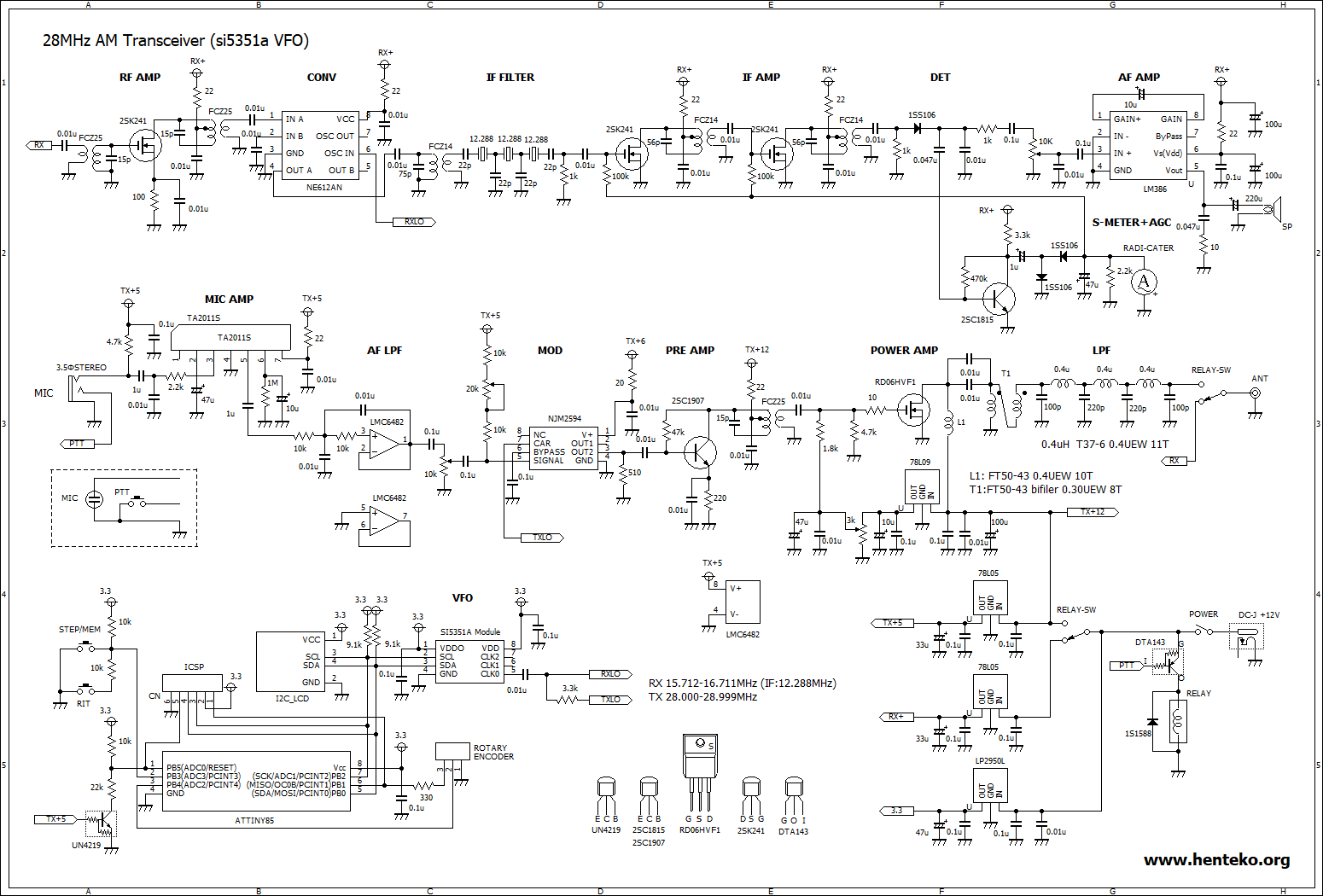 ブレッドボード28MHz-QRP-AMトランシーバー回路図