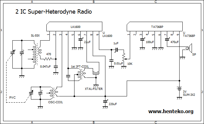 2ICスーパーヘテロダインラジオ回路図