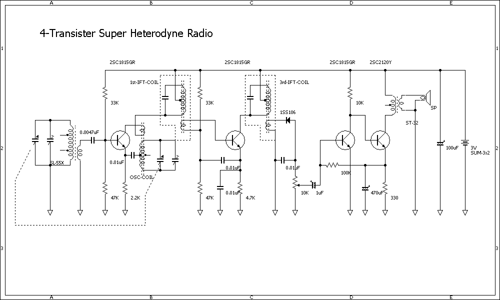 4石トランジスタースーパーヘテロダインラジオ回路図