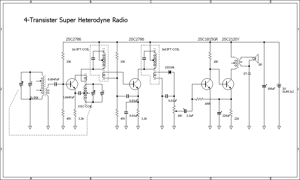 4石トランジスタースーパーヘテロダインラジオ回路図
