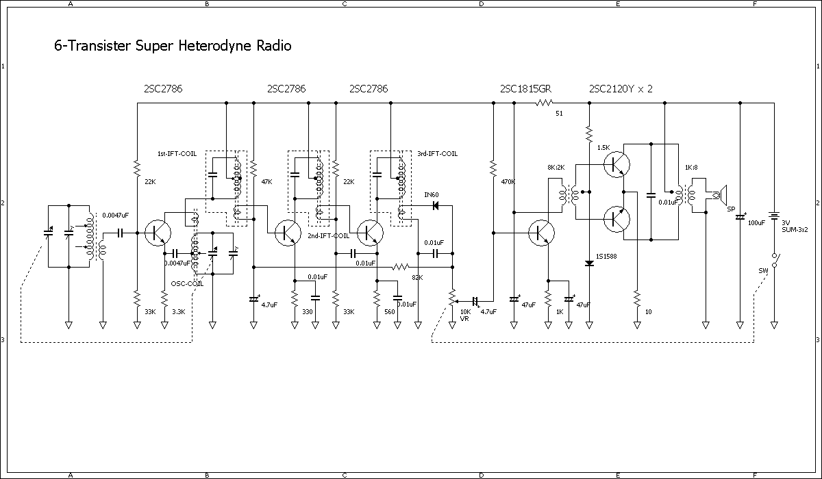 6石スーパーヘテロダインラジオ回路図